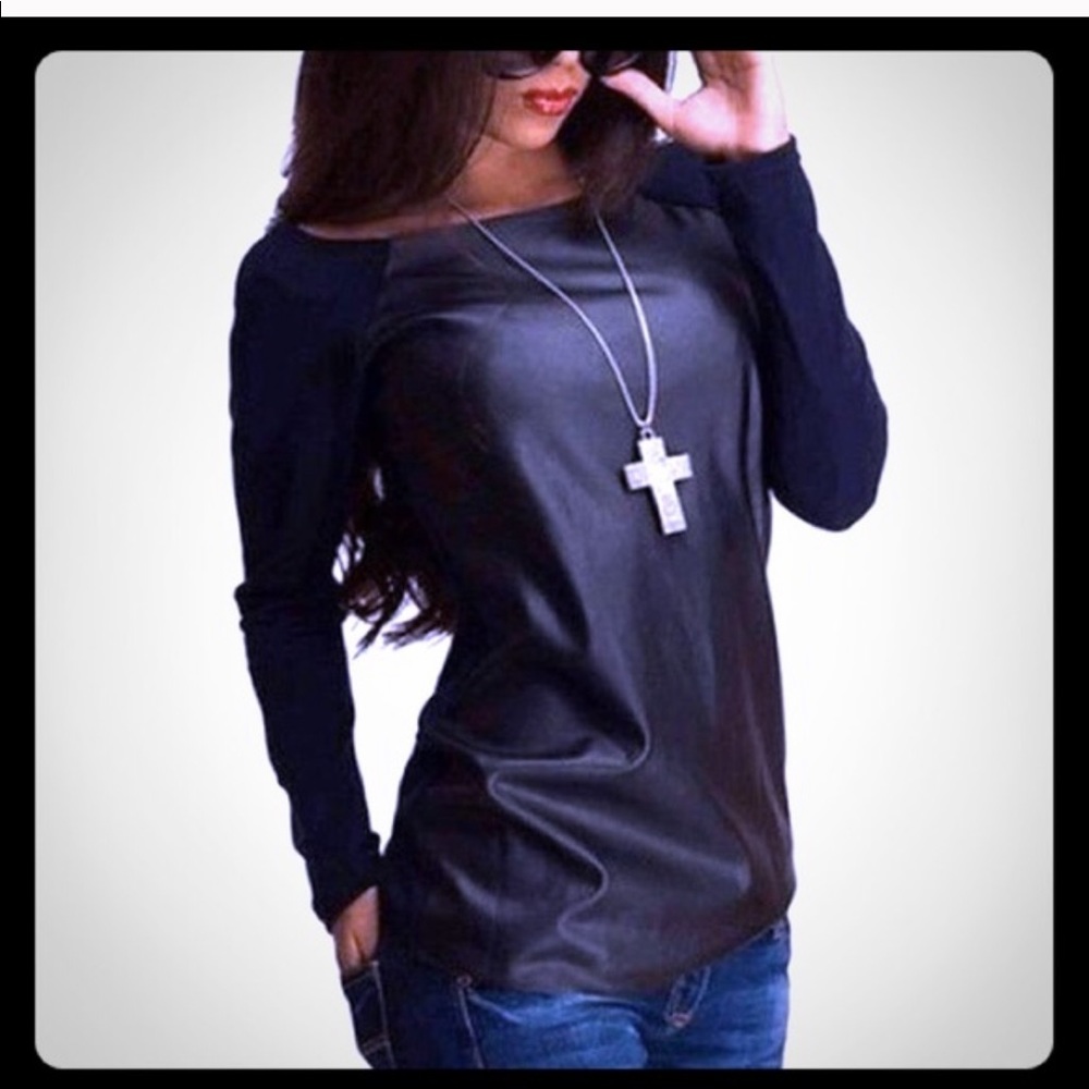 🌟🌟NWOT Stylish cotton and faux leather tee